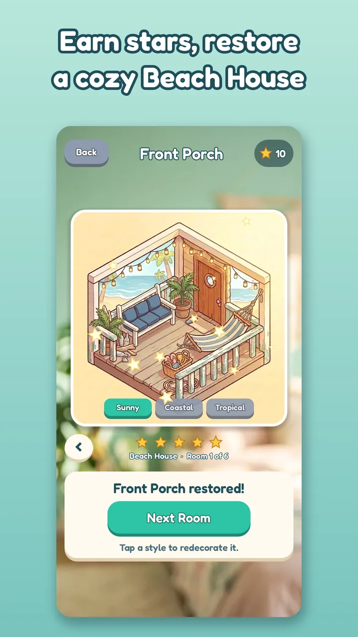 A restored Beach House front porch with Sunny, Coastal and Tropical style buttons.