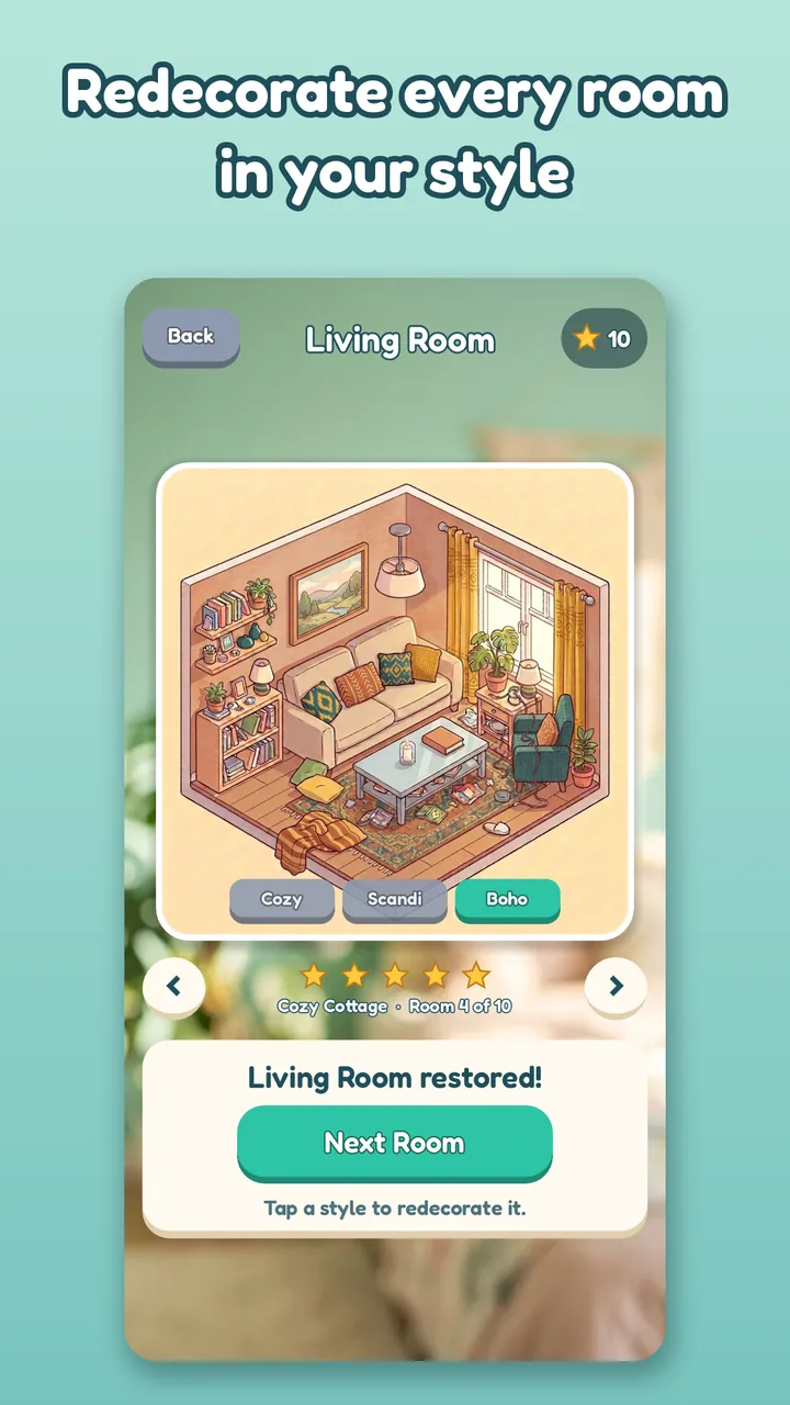 A restored cottage living room being redecorated in the Boho style.