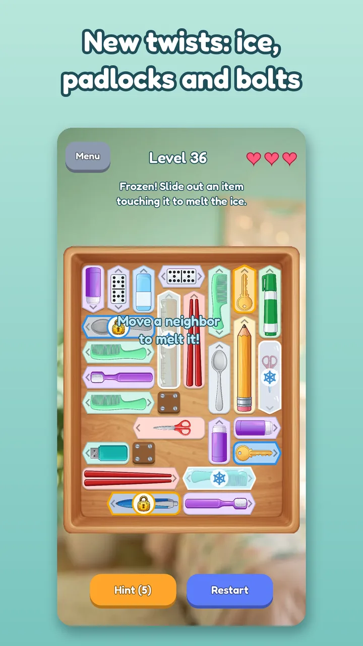 A late-game drawer with frozen items, padlocks and bolted blocks.