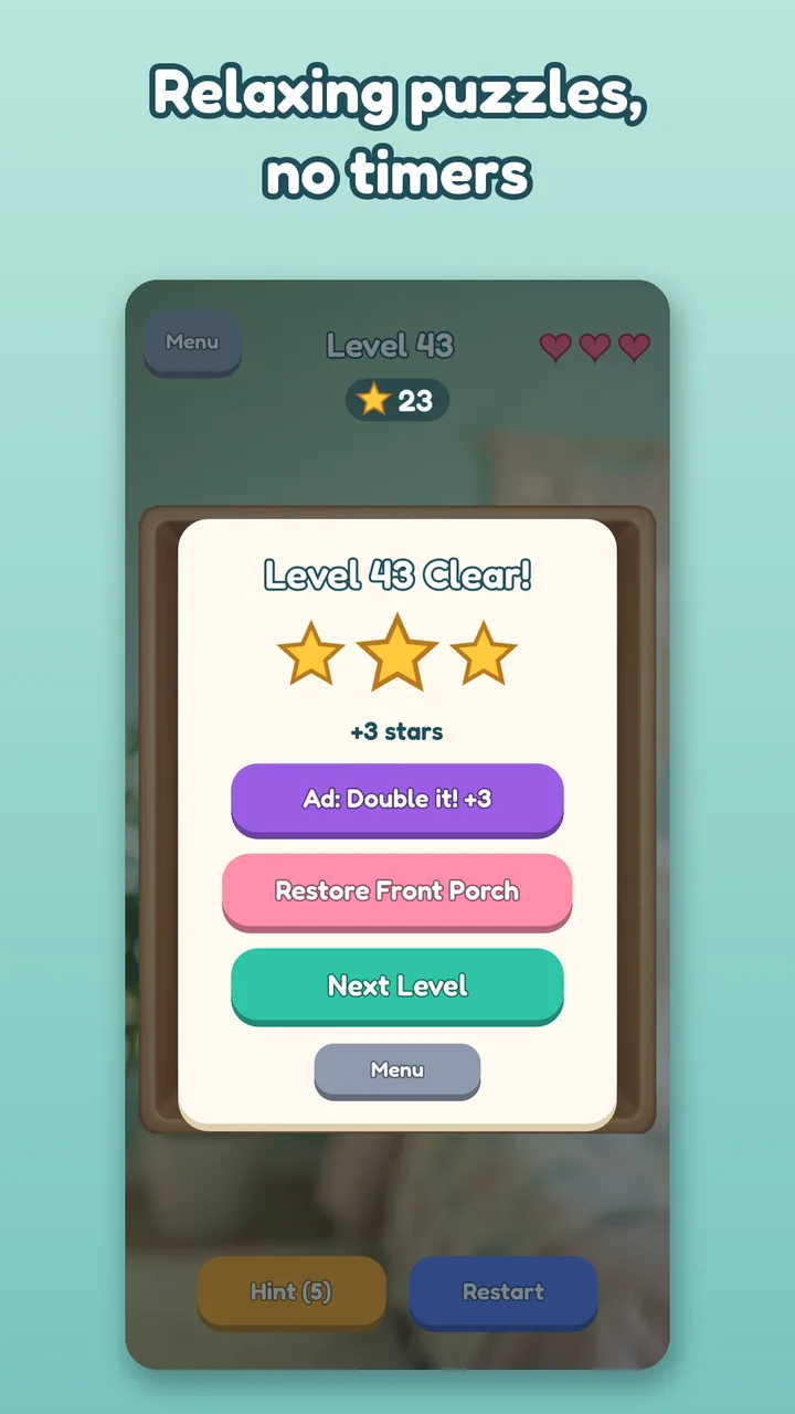 A level-clear screen awarding three stars.