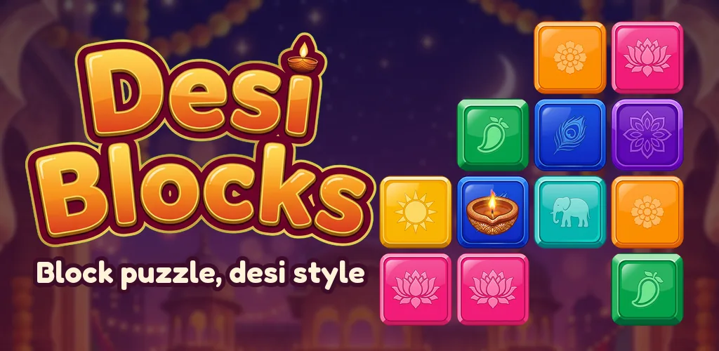Desi Blocks artwork: the logo beside meenakari tiles with lotus, mango, peacock feather, elephant and diya motifs.