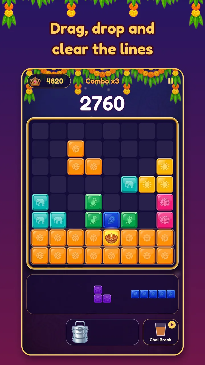 A board with two full rows of orange tiles about to clear, captioned "Drag, drop and clear the lines".