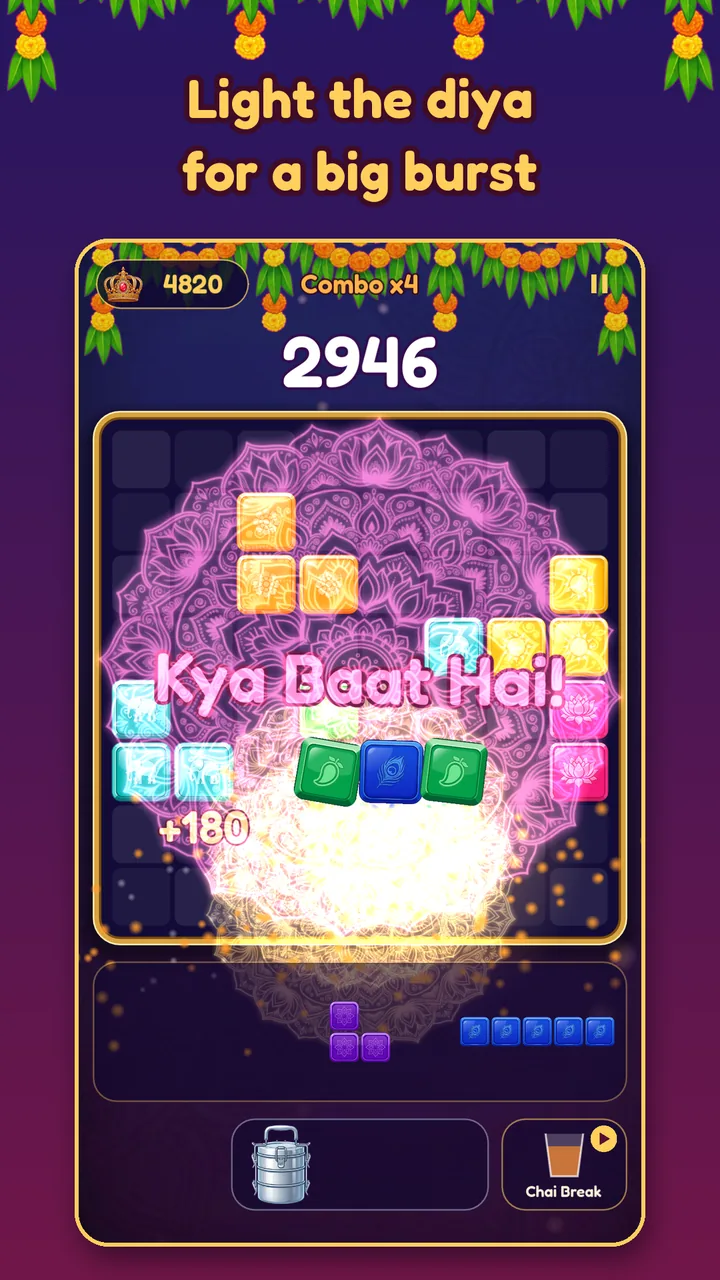 A diya tile bursting in a pink rangoli glow with the callout "Kya Baat Hai!", captioned "Light the diya for a big burst".