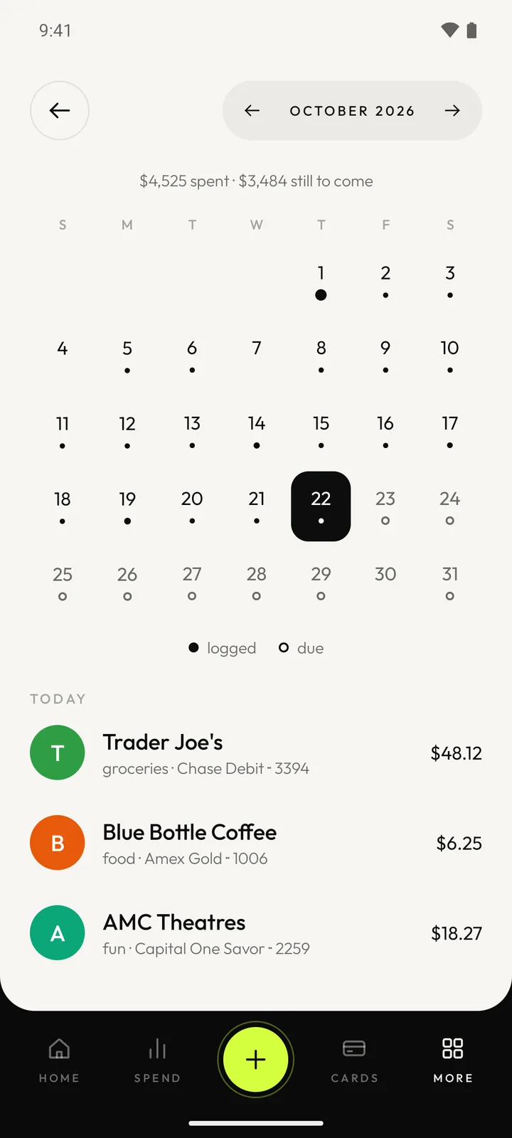 The calendar screen: a month grid with a dot on each day that has spending or something due, and today’s entries below.