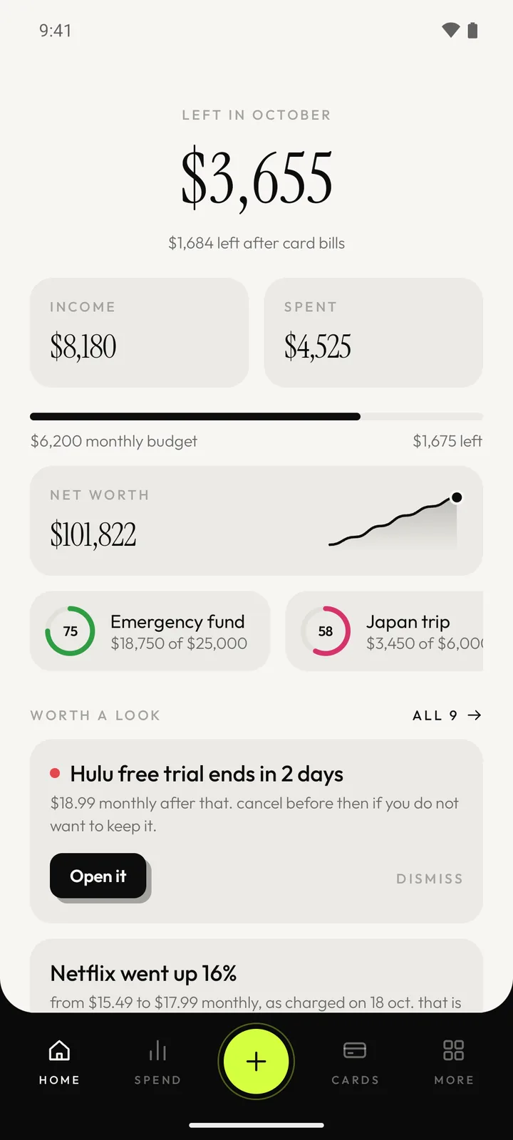 The PANAM home screen: what is left this month, income and spending, the monthly budget, net worth with its trend, savings goals and an insight about a free trial ending.