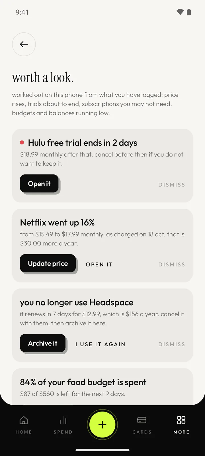 The insights screen listing a free trial about to end, a price rise and a subscription that is no longer used.