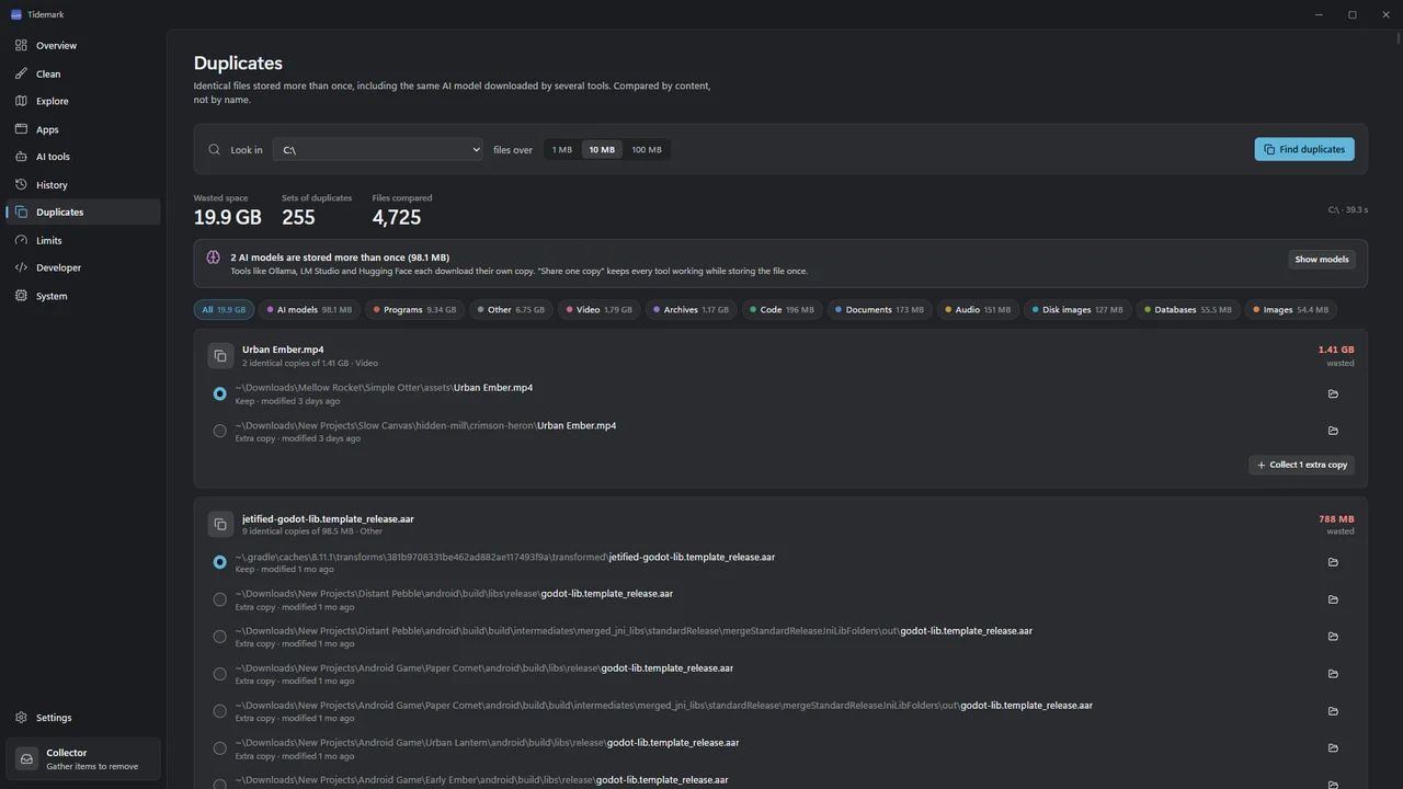 Tidemark Duplicates: groups of identical files with their sizes and locations.