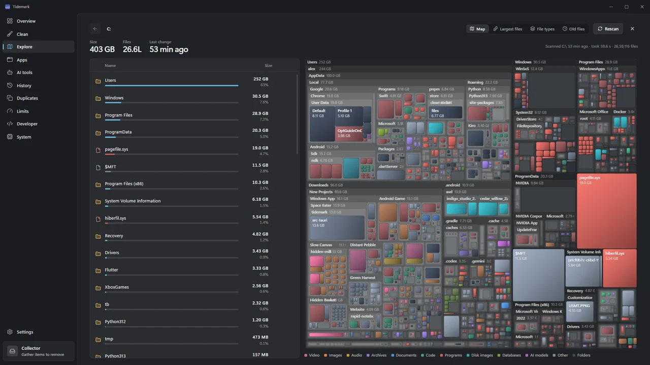 Tidemark Explore: a treemap of a drive beside a list of folders sorted by size.