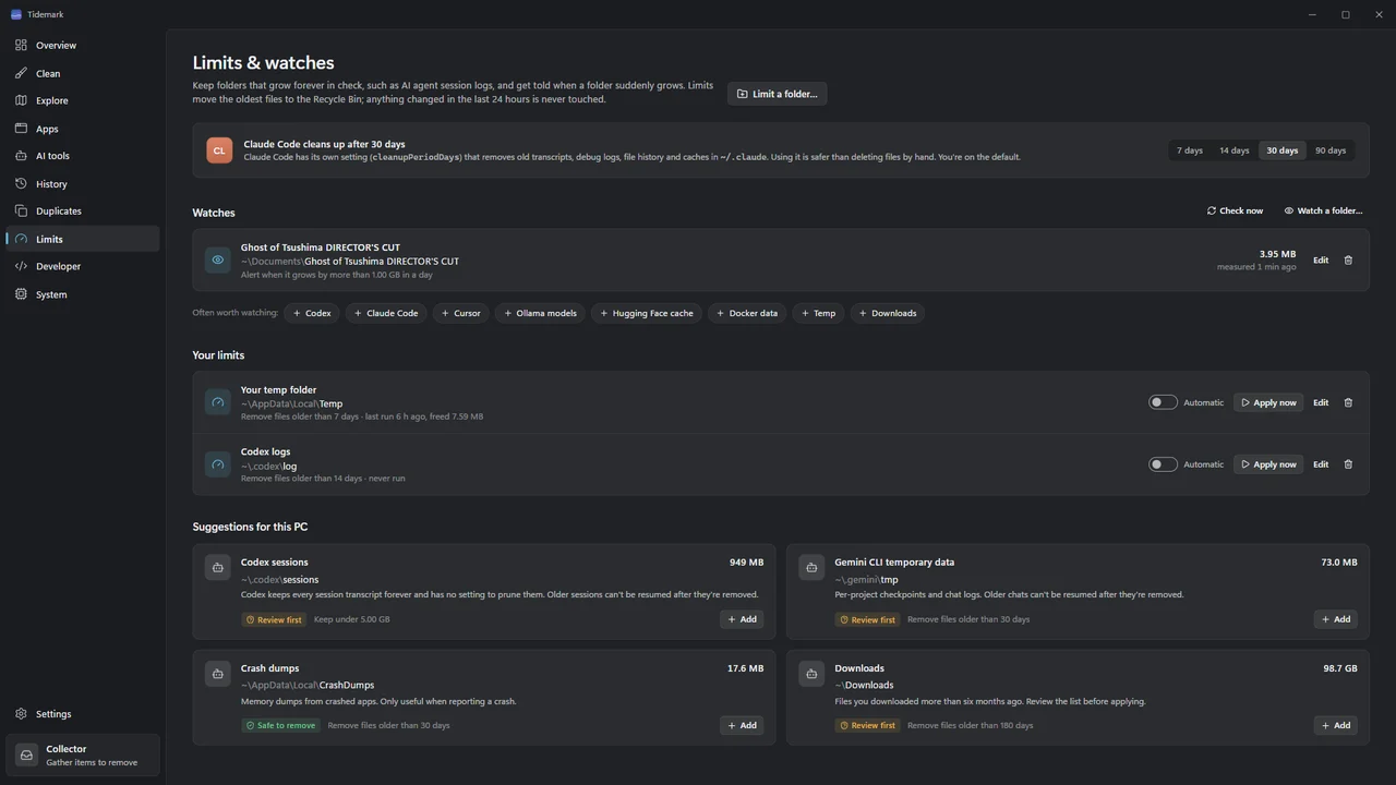 Tidemark Limits: size and age limits for folders such as temp files and AI agent session logs.