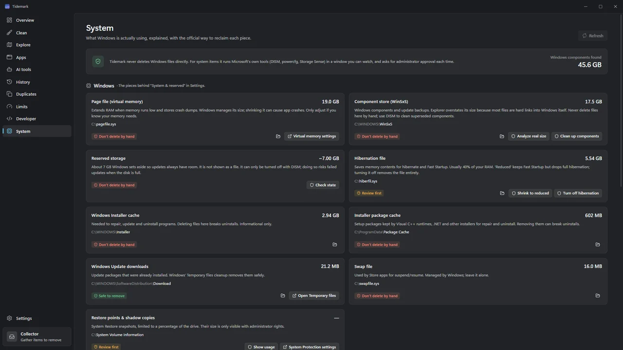 Tidemark System: the hibernation file, page file, WinSxS, update caches and restore points with their sizes and explanations.