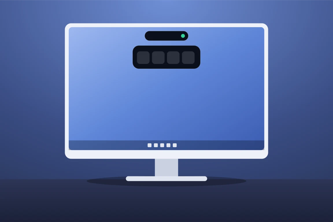 Illustration: a bright monitor with the Dockie pill at the top of the screen and its shelf open beneath it.