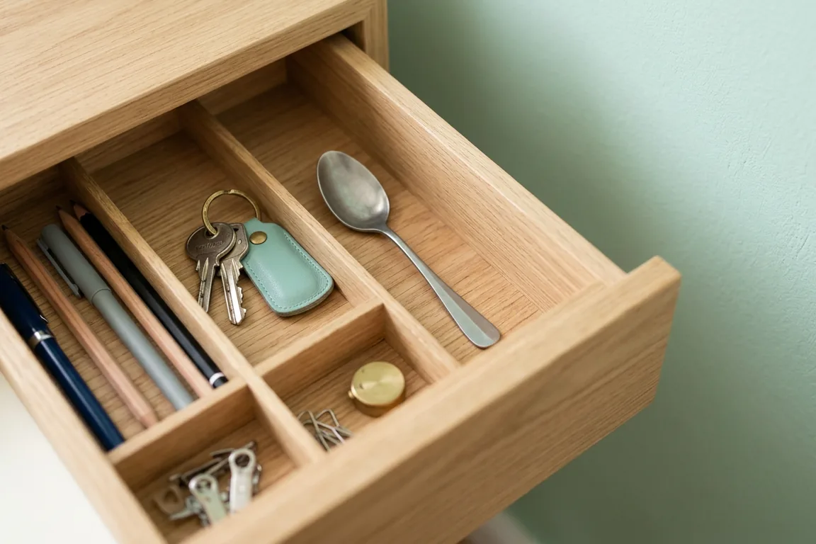 An open oak drawer with pens, keys and a spoon sorted into compartments, beside a mint-green wall.