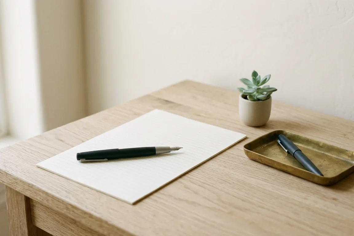 A fountain pen on a blank sheet of paper beside a brass tray and a small succulent on an oak desk.