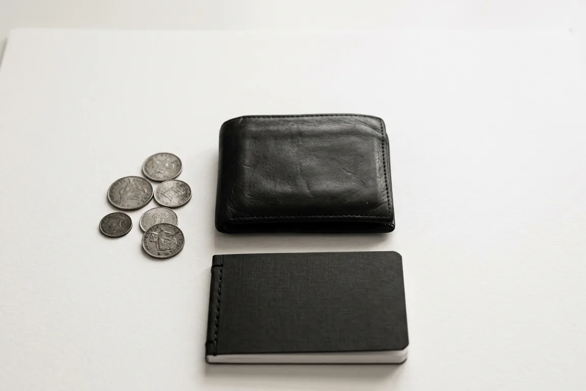 A black leather wallet, a few coins and a closed black notebook on a white surface, seen from above.