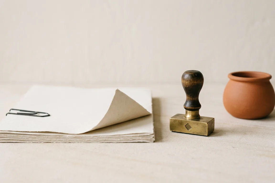 A stack of paper with one corner folded back, a paper clip, a brass stamp and a terracotta pot on a pale surface.