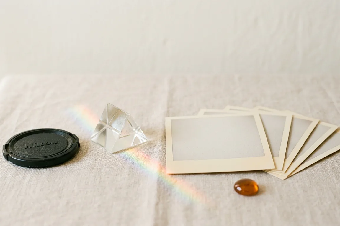 A lens cap, a glass prism casting a small rainbow, a fan of blank photo prints and an amber glass bead on linen.